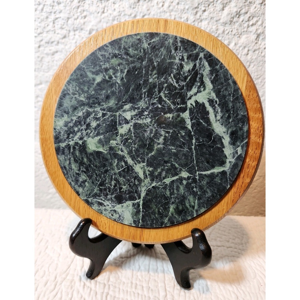 Vintage Cornwall round cheese cutting board green marble top & light wood base.